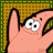 A pink cartoon starfish with large white eyes and black pupils, positioned against a brown checkered background with green borders.