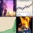 Four pixelated quadrants display distinct scenes: purple-pink sky with dark shapes, gray smoke over light background, beige and green gradient, and orange-yellow fire-like glow.