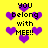 Yellow background with purple pixelated hearts and black text reading 'you belong with MEE!!' in multiple arrangements.
