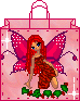Pixelated fairy avatar with red hair and wings stands on green leaves, holding a brown object, against a pink background with white sparkles.