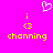 A bright pink background features a white pixelated heart above two yellow 'i' characters, each with a yellow smiley face below it and the word 'channing' in yellow text beneath.