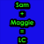 Blue background displays three vertical of green pixelated text with plus signs and equals signs, showing name combinations leading to 'LC' or 'LC?' results
