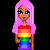 Pixel art contact sheet showing four variations of a cartoon character with pink hair, rainbow top, and dark blue mermaid tail-like pants across sampled frames.