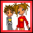 Two pixelated figures stand side-by-side in a red frame; one wears gray with a yellow star, the other red with a yellow star.