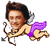 Pixelated cartoon figure with human head, wings, and bow holding arrow; purple cloth draped over body against gray background.