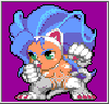 Pixelated character with blue hair and cat ears in fighting stance, fists clenched, on purple background.