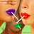 Pixelated image of a person with brown hair holding three lollipops in purple, red, and green against an orange background.