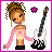 Pixel art contact sheet of an animated buddy icon featuring a cartoon girl with brown hair in a bun, pink star above her head, and electric guitar, cycling through different poses and text overlays.