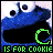 Blue Cookie Monster face with large white eyes and black pupils, green 'C' symbol over mouth area, text below reading 'IS FOR COOKIE', pixelated style.
