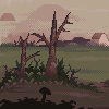 Pixel art landscape with two dead trees, green grass, distant mountains, and a small house under a pinkish sky.