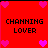 Red square icon with four pink pixelated hearts at corners and black text reading CHANNING LOVER in two lines.