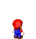 Pixel art character in red cap and blue overalls holding a golden hammer, shown from multiple angles with varying arm positions against gray background.