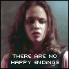 A six- of stills from a film showing a woman in distress, with text reading 'THERE ARE NO HAPPY ENDINGS' and 'BECAUSE NOTHING ENDS' overlaid