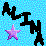 A static pixel art image with a light blue checkered background, featuring black abstract shapes and a purple-pink star.