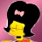 Pixelated yellow-skinned character with black hair and pink bow, wearing orange top against pink background.