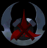 A circular silver emblem with red X-shaped elements rotates against a black background, showing multiple angles of the same object.