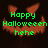 Green text 'Happy Halloween hehe' overlaid on an orange pixelated pumpkin face with triangular eyes and a jagged mouth against a dark background.