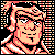 Pixelated 50x50 static icon of a character with light skin tone, black hair, and red accents in clothing against a black background with striped border patterns.