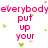 Pixelated pink text on white background with green and pink heart shapes, partially cropped at bottom right.