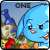 Blue cartoon character with large ears and red mouth holds red gem, standing before gray rocky background with blue bottle, text above changes from ONE to NEOPETS to TRASH...
