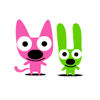 Two pixelated cartoon characters stand side-by-side on a white background, one pink with a tail, one green with long ears, both with large eyes and black mouths.
