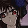 Anime-style character with brown hair and red eyes, wearing a blue rose accessory on the head, against a light purple background.
