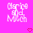 Pixelated text 'Clarice and Mitch' in white on bright pink background with red heart symbols below.