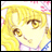 Pixelated anime-style character with blonde hair and brown eyes, wearing a pink and white checkered headband and blue-and-white clothing, next to black background with white text.