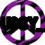 A circular icon with a purple and white segmented border enclosing a black silhouette of a figure with arms raised, set against a white background.