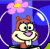 Pixelated cartoon character with brown hair, large eyes, and a pink mouth inside a blue circular frame with a pink flower above it.