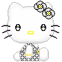 Pixel art of a white cat with yellow nose, black eyes, and purple whiskers wearing two gray flowers on its head; left view shows open mouth, right view shows closed smile.