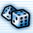 Two blue dice with black pips on a light blue striped background, rendered in pixel art style.