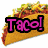 Pixelated image of a taco with text 'Taco!' on left and giraffe wearing sombrero with text 'Spaz Poodle' on right.