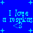Blue background with light blue pixelated text reading "I love a markas" and small plus symbols scattered throughout.