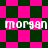 Pixelated pink and dark green checkered pattern with repeated white text 'morgan' across two