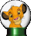 Four circular snowglobe-style icons display a cartoon lion cub with orange fur, brown ears, and yellow eyes; each has a different colored base.
