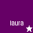 Pixelated text 'laura' appears on purple and white backgrounds with star symbols in different positions.