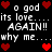 Pixelated text and red heart icons on a black background, repeating phrases like "o god its love... AGAIN!! why me..." with heart symbols scattered throughout.
