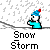 Pixelated character in blue outfit and red-topped hat stands on snowy ledge with falling snow, text "Snow Storm" below.