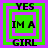Four identical square arranged in a , each containing layered green and purple squares with black text reading YES IN A GIRL