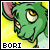 Green dragon head with pink ears and yellow eyes on yellow background, text "BORI" below, animated expression changes.
