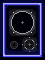 Pixelated icon with blue neon border showing circular and cross-shaped elements on black background, two variations of the same design.