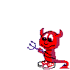 Red devil character with horns, white eyes, and black pupils holds purple trident in static pose against gray background.