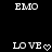 Black background with white pixelated text 'EMO' at top and 'LOVE' with heart symbol below, two identical side-by-side views.