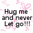 Pixelated text on a white background with pink heart patterns, displaying phrases about hugs and care.