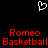Pixelated white heart symbol above red text reading 'Romeo Basketball' on black background.