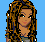 Pixel art contact sheet showing a female character with long curly hair and a gray dress across multiple frames, including full-body views and text reading "Just Glam Our Us" in pink.