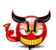Red devil icon with black horns, yellow eyes, and a wide grin showing teeth; tail flicks in some frames.