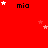 Red background with repeated black text 'mia' and scattered white/pink stars, gray rectangle in bottom-right corner.