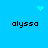 Pixelated blue background with four instances of the text 'alyssa' in black, and three light blue pixel clusters: one heart-shaped at top center, one star-like at top right, and one scattered dot cluster at middle center.